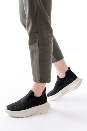 DM-707  Siyah Fileli Beyaz Faillant Taban Taş Aksesuarlı Günlük Spor Ayakkab