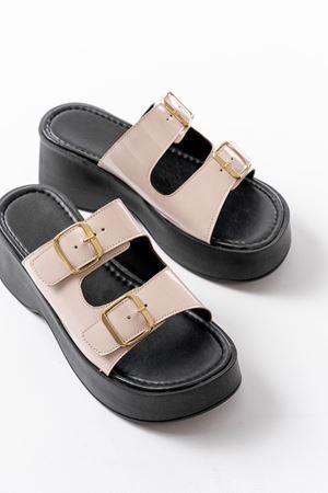 24414-574 Bej Rugan Tokalı Dolgu Topuk Kadın Terlik  