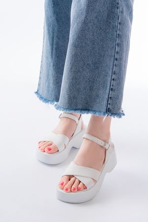 24414-1005 White Casual Cross Padding Heel Women Sandals