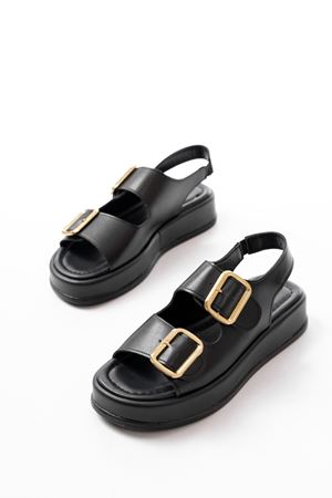 1187 Siyah Dolgu Topuk Lastik Baretli  Kadın Sandalet