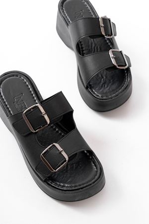 24414-574 Siyah Günlük Tokalı Dolgu Topuk Kadın Terlik  