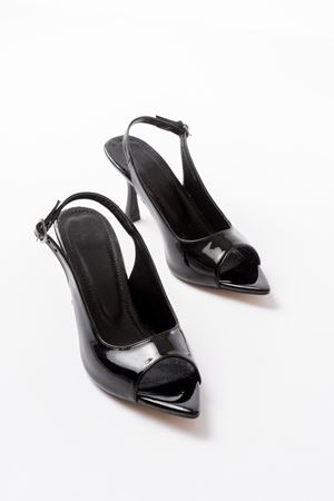 717 Siyah Rugan Sivri Burunlu Topuklu Kadın Sandalet 