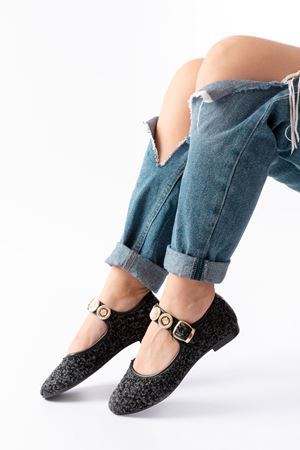 İNF-6363 Siyah Havlu Desenli Baret Tokalı Günlük Bayan Ayakkabı