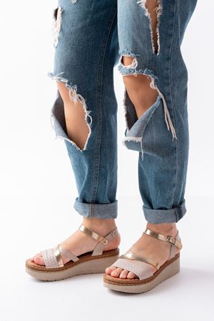 730-044 Bej Garni Ortopedik Örgü Desenli Hakiki Deri Dolgu Kadın Sandalet 