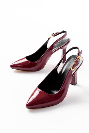 719 Bordo Rugan Sivri Burunlu Toka Detaylı  Topuklu Kadın Ayakkabı