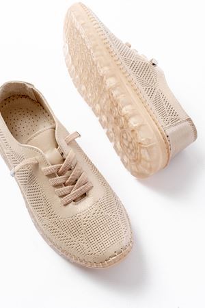 S-365  Bej Desenli Hakiki Deri Şeffaf Taban Kadın Spor Ayakkabı  