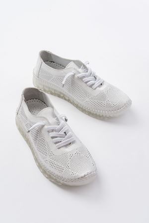 S-365  Beyaz Desenli Hakiki Deri Şeffaf Taban Kadın Spor Ayakkabı 