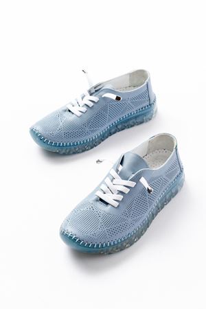 S-365  Mavi Desenli Hakiki Deri Şeffaf Taban Kadın Spor Ayakkabı  