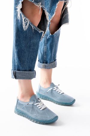 S-365  Mavi Desenli Hakiki Deri Şeffaf Taban Kadın Spor Ayakkabı  