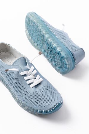 S-365  Mavi Desenli Hakiki Deri Şeffaf Taban Kadın Spor Ayakkabı  