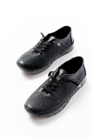 S-365  Siyah Desenli Hakiki Deri Şeffaf Taban Kadın Spor Ayakkabı  