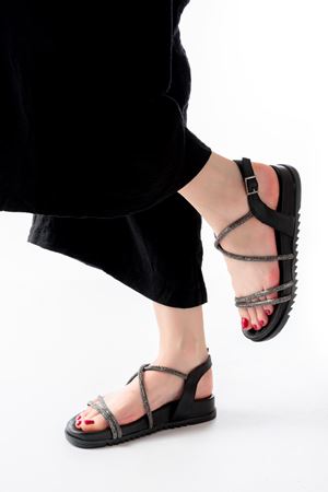 1001-1105 Black Platinum Stone Casual Women's Sandals
