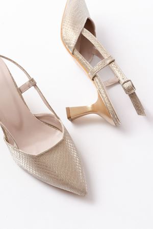 725 Gold Pul Desenli Sivri Burunlu  Topuklu Kadın Ayakkabı 