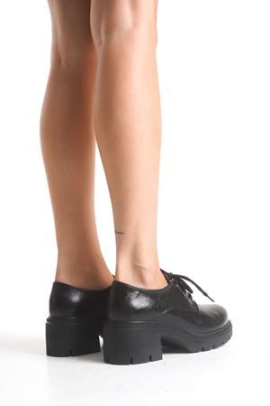 K-707 Siyah Kırışık Rugan Yüksek Tabanlı Bağcıklı  Loafer Ayakkabı  