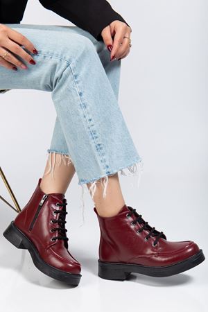 02-2001 Bordo Kırışık Rugan Bağcıklı Fermuarlı Günlük Kadın Bot