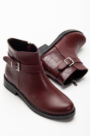 165-204/1 Bordo Kroko Toka Aksesuarlı Fermuarlı Günlük Kadın Bot   