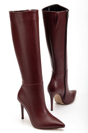 LS-226 Bordo Cilt Fermuarlı Lastikli İnce Yüksek Topuklu Kadın Çizme