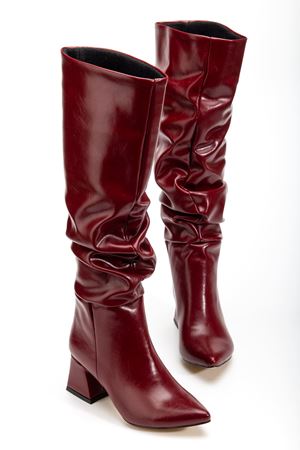 SYT-2002 Bordo Kırışık Rugan Körüklü Kalın Topuklu Günlük Bayan Çizme