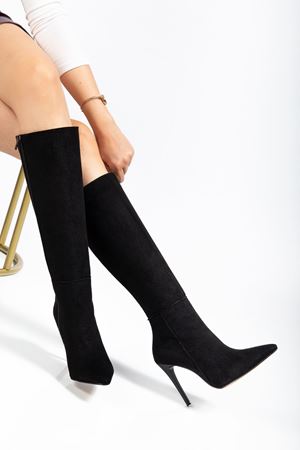 LS-226 Siyah Süet Fermuarlı Lastikli İnce Yüksek Topuklu Kadın Çizme
