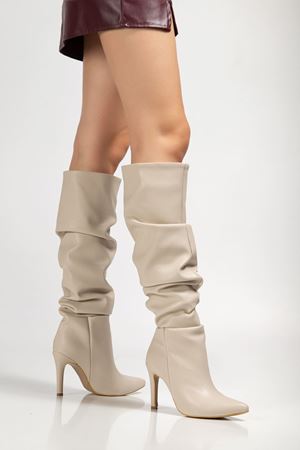 SYT-2003 Bej Körüklü İnce Topuklu Günlük Bayan Çizme