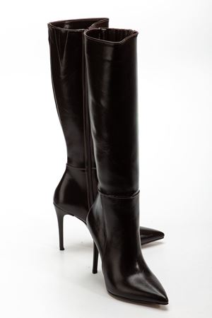 LS-226 Kahve Kırışık Rugan Fermuarlı Lastikli İnce Yüksek Topuklu Kadın Çizme