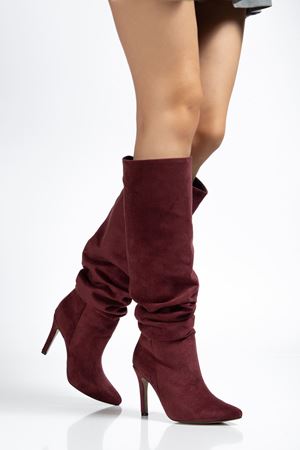 SYT-2003 Bordo Süet Körüklü İnce Topuklu Günlük Bayan Çizme