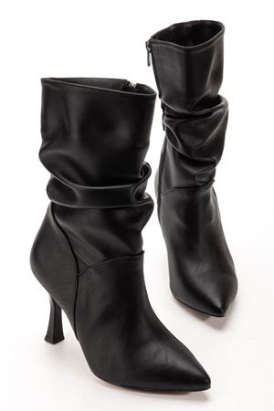 VRT-024 Siyah Yüksek İnce Topuklu Körüklü Fermuarlı  Kadın Bot  