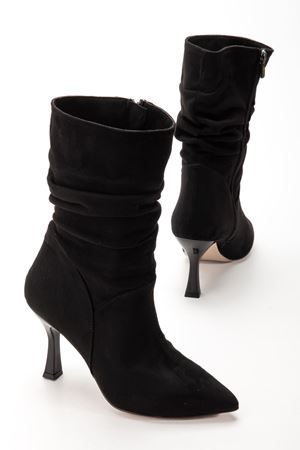 VRT-024 Siyah Süet Yüksek İnce Topuklu Körüklü Fermuarlı  Kadın Bot  