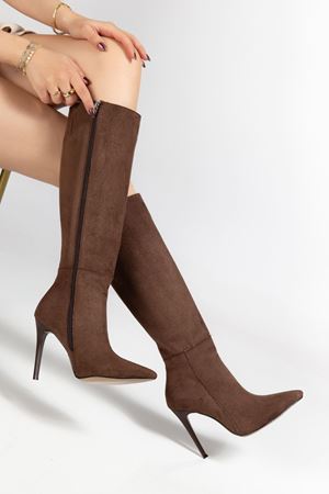 LS-226 Black Suede Zipper Elasticated Thin High Heeled Women's Boots