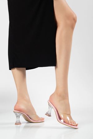 S-619 Pembe Rugan Şeffaf Bantlı Şeffaf Topuklu Yuvarlak Burunlu Kadın Terlik
