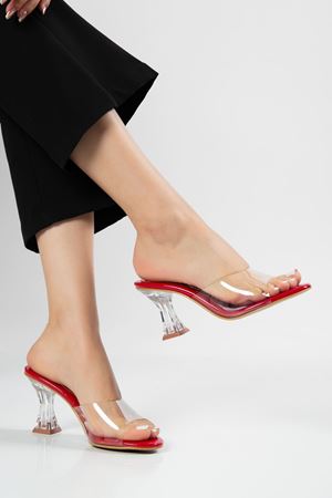 S-619 Kırmızı Rugan Şeffaf Bantlı Şeffaf Topuklu Yuvarlak Burunlu Kadın Terlik