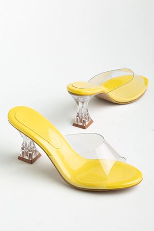 S-619 Baby Blue Patent Leather Transparent Strap Transparent Heels Round Toe Women's Slippers