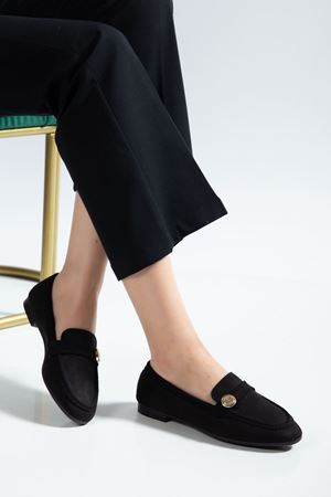 6325 Black Mesh Hard Hat Buckle Detailed Casual Women's Ballet Flats