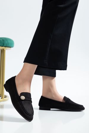 6325 Black Mesh Hard Hat Buckle Detailed Casual Women's Ballet Flats