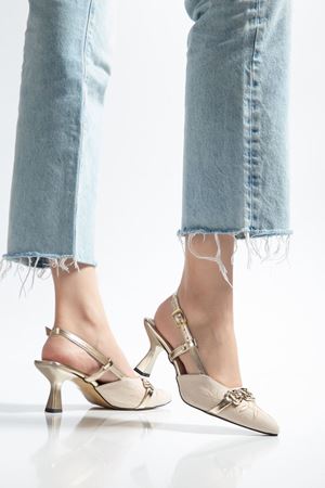 K-250 Black Linen Casual Women's Heels with Open Back Buckle