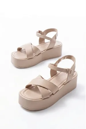 861-1005 Beige Casual Cross Padding Heel Women Sandals