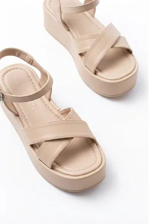 861-1005 Beige Casual Cross Padding Heel Women Sandals