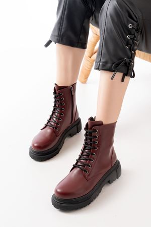 868-356 Burgundy Patent Leather Lace-Up Zippered Women's Boots