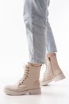 02-356 Beige Flat Heeled Lace-Up Zippered Women's Boots