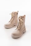 02-356 Beige Flat Heeled Lace-Up Zippered Women's Boots
