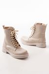 02-356 Beige Flat Heeled Lace-Up Zippered Women's Boots