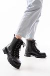2051-298 Black Skin Flat Heels Lace-Up Elasticated Women's Boots
