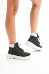 LMÇ-2045 Black-Beige Sole Lace-Up Thick Sole Women's Casual Boots