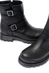 2051-2014 Black Buckle Flat Heel Buckle Zippered Casual Women's Boots