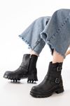 2051-2014 Black Buckle Flat Heel Buckle Zippered Casual Women's Boots
