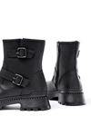 2051-2014 Black Buckle Flat Heel Buckle Zippered Casual Women's Boots