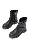 2051-2014 Black Buckle Flat Heel Buckle Zippered Casual Women's Boots
