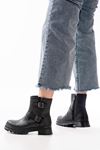 2051-2014 Black Buckle Flat Heel Buckle Zippered Casual Women's Boots