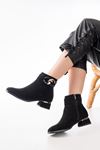 RM-504 Black Suede Buckle Accessory Heeled Zippered Casual Women's Boots