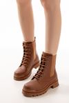 2051-298 Tan Flat Heeled Lace-Up Elasticated Women's Boots